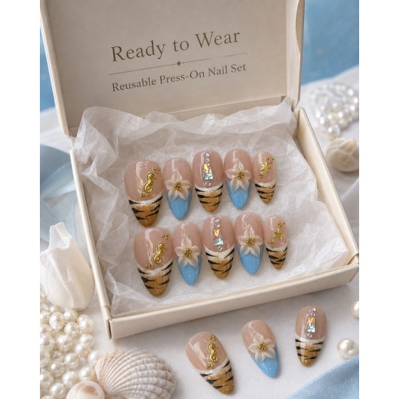 Ocean‑Charm 3D Flower Press‑On Nails, Medium‑Long Almond False Nails with Golden Seahorse, Starfish & Shell Texture